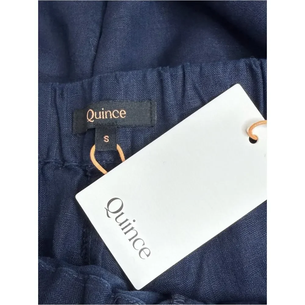 NWT QUINCE 100% European Linen Tapered Ankle Pants Elastic-Waist Deep Navy Sz S